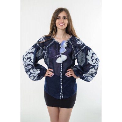 Boho Style Ukrainian Embroidered Folk  Blouse "Boho Flowers" white on navy